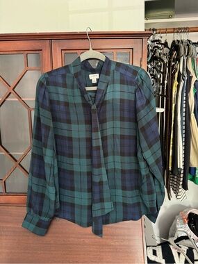 J. Crew Plaid Tie-Neck Blouse